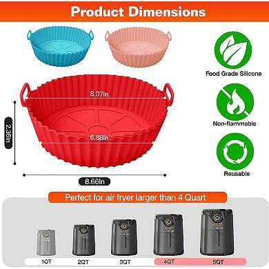 3-Piece Reusable Silicone Air Fryer Pots 464°F Heat Resistant for 4+ Quart