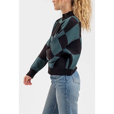 August Sky Women's Checkered Mock Neck Knit Sweater