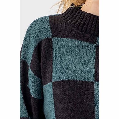 August Sky Women's Checkered Mock Neck Knit Sweater