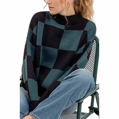 August Sky Women's Checkered Mock Neck Knit Sweater