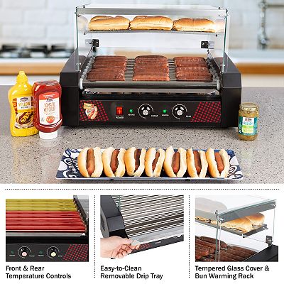 Stainless-Steel 9-Roller Hot Dog Machine with Bun Warmer and Cover