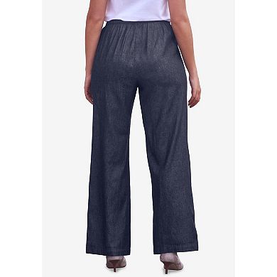 ellos Women's Plus Size Elastic Waist Pull On Wide Leg Jeans