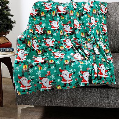 Green Joyful Santa Plush Decorative Christmas Machine Washable Throw