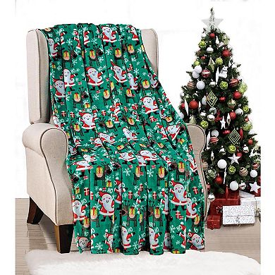 Green Joyful Santa Plush Decorative Christmas Machine Washable Throw