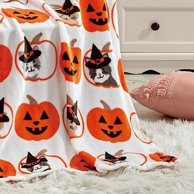 Pumpkins & Cats Plush Decorative Halloween Machine Washable Throw