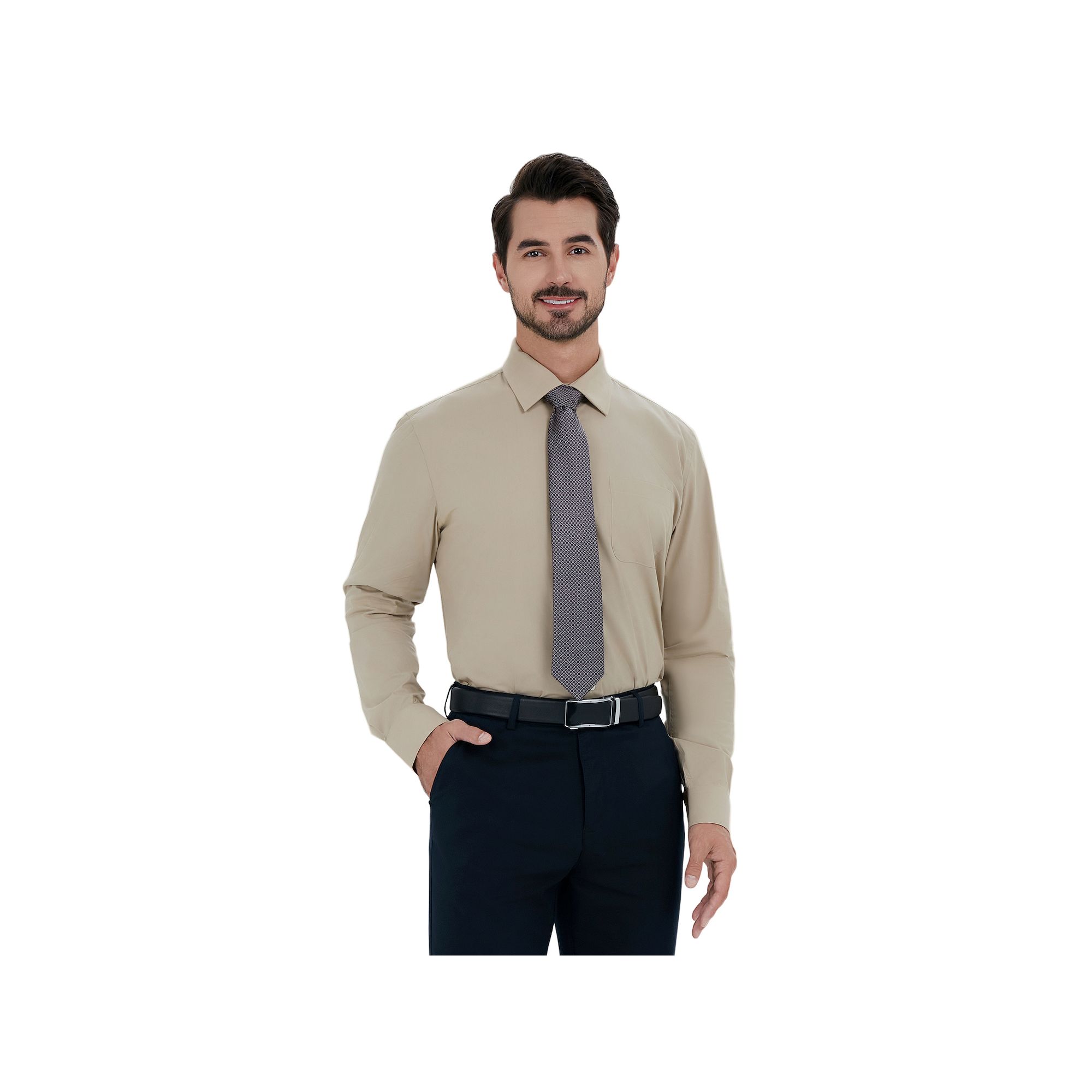 Mens Bespoke Classic-Fit Dress Shirt & Tie Set, Size: Medium-32/33, Beige