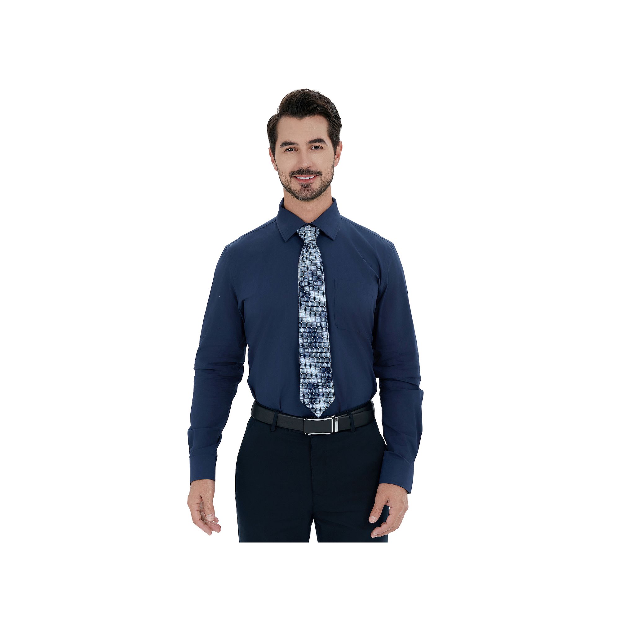 Mens Bespoke Classic-Fit Dress Shirt & Tie Set, Size: Medium-32/33, Blue