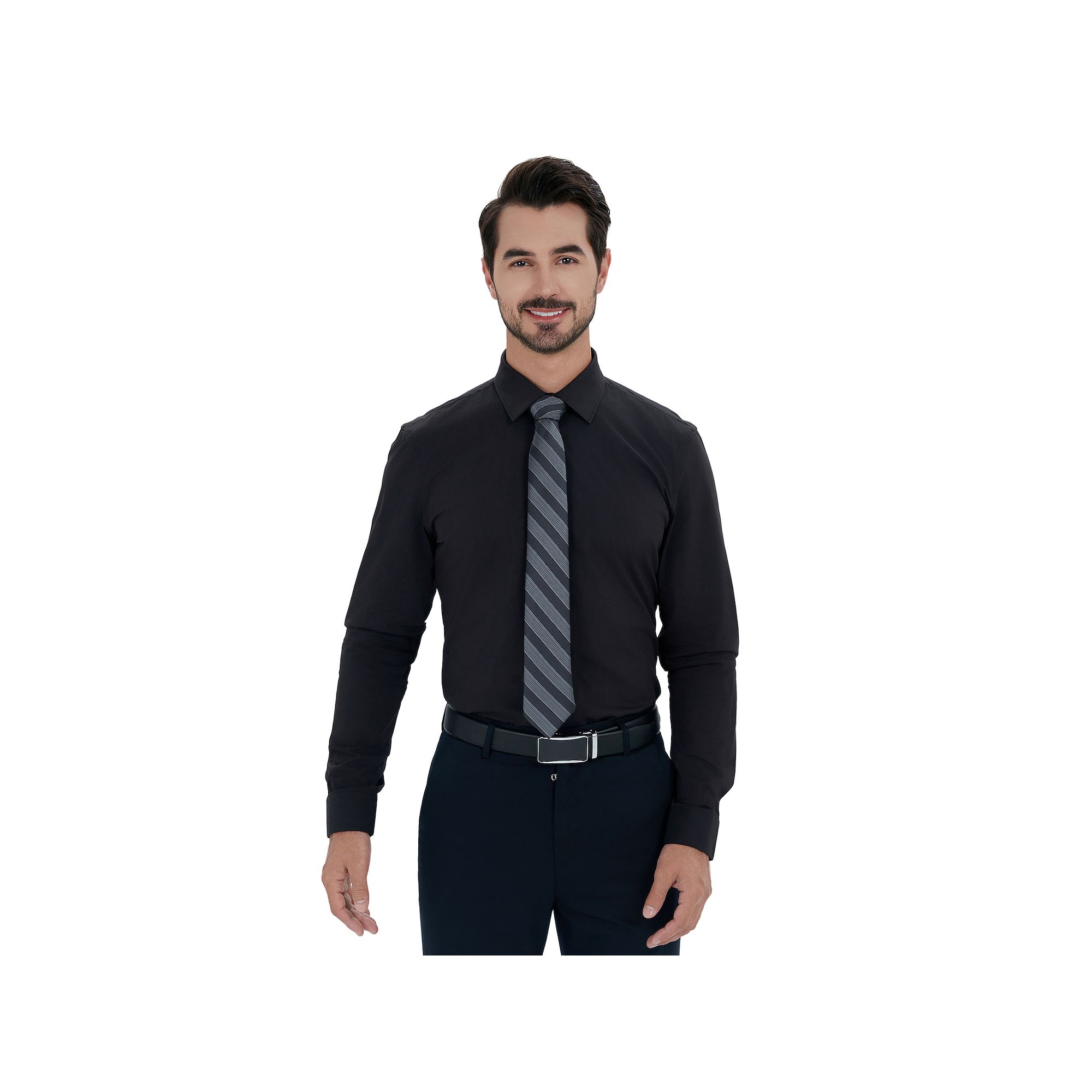 Mens Bespoke Slim-Fit Dress Shirt & Tie Set, Size: Small 32-33, Black