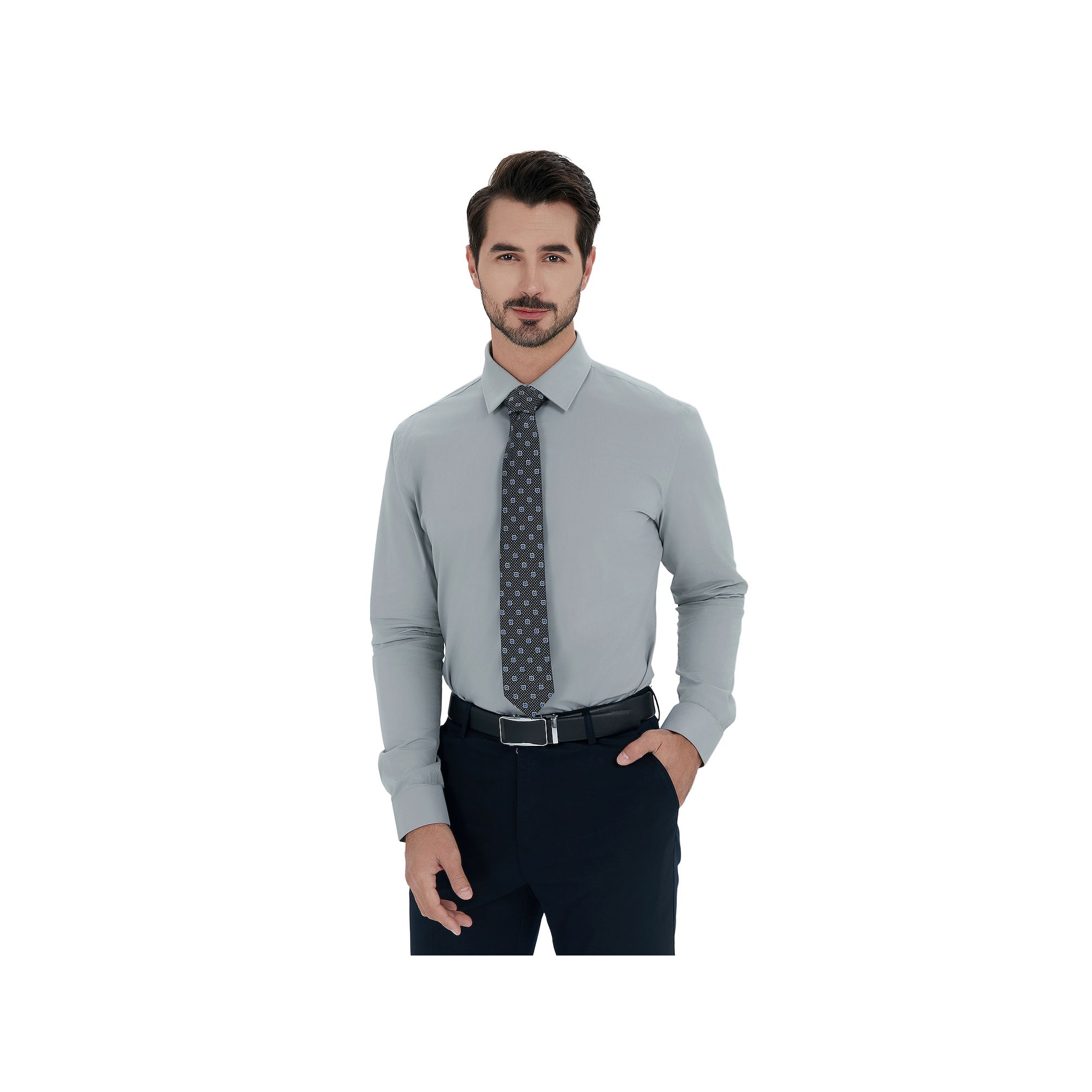Mens Bespoke Slim-Fit Dress Shirt & Tie Set, Size: Small 32-33, Light Gray