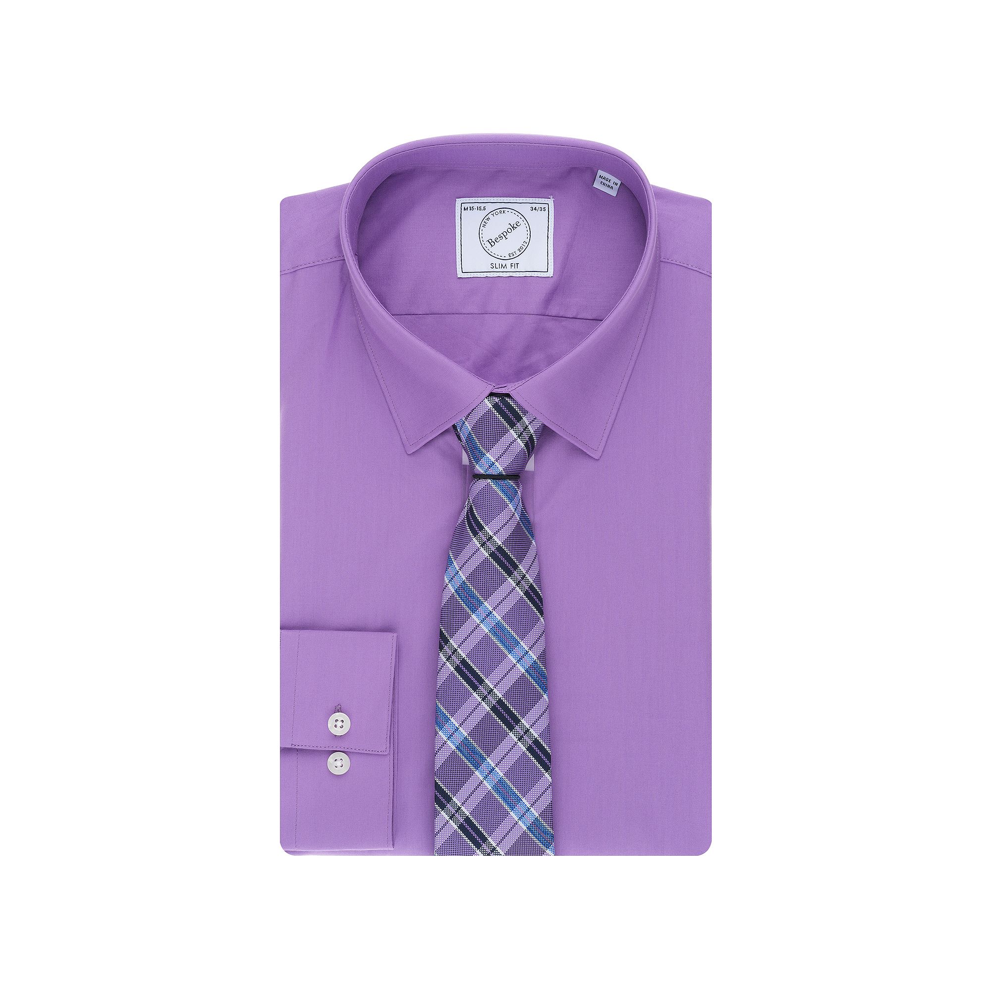 Mens Bespoke Slim-Fit Dress Shirt & Tie Set, Size: Small 32-33, Purple