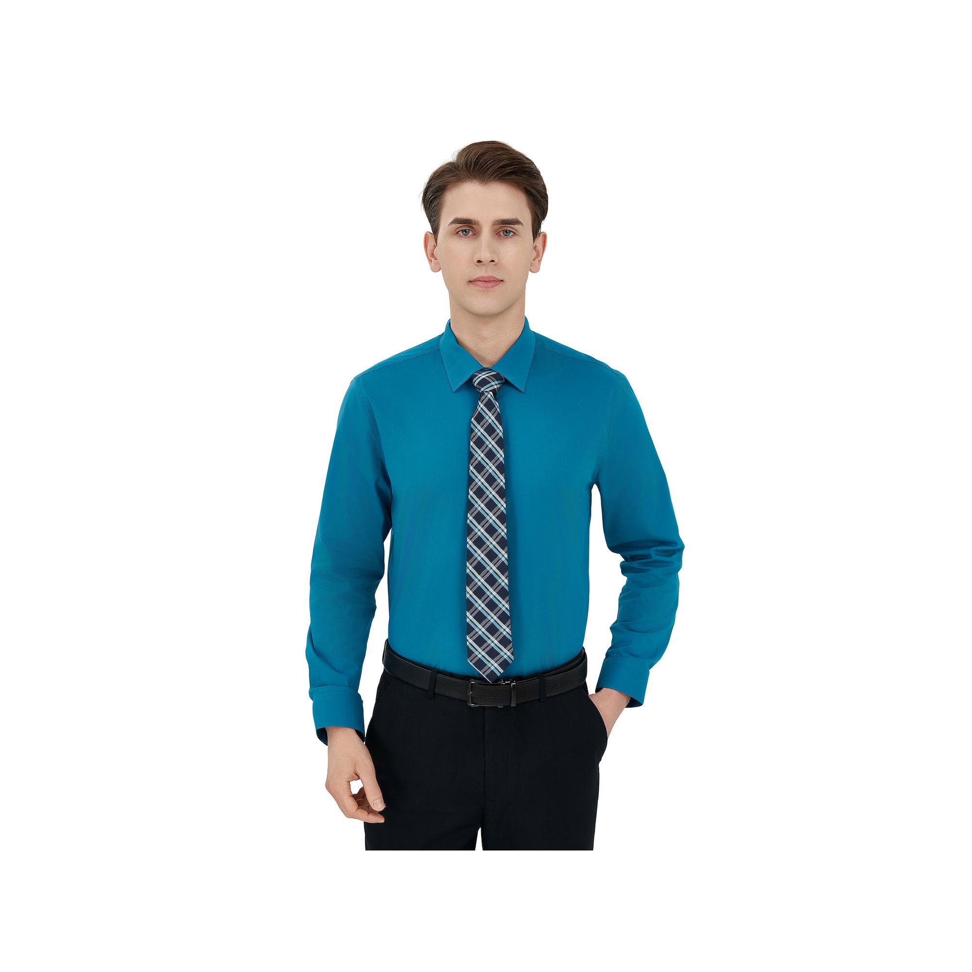 Mens Bespoke Slim-Fit Dress Shirt & Tie Set, Size: Small 32-33, Turquoise