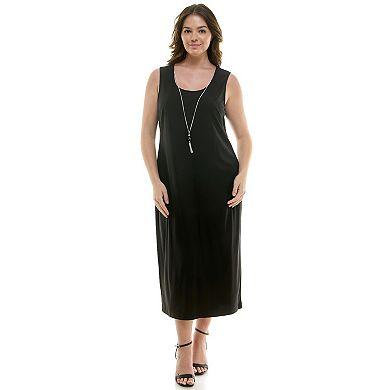 Plus Size Luxology Twofer Midi Dress & Cardigan Set with Necklace