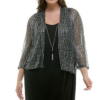 Plus Size Luxology Twofer Midi Dress & Cardigan Set with Necklace