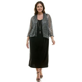 Plus Size Luxology Twofer Midi Dress & Cardigan Set with Necklace