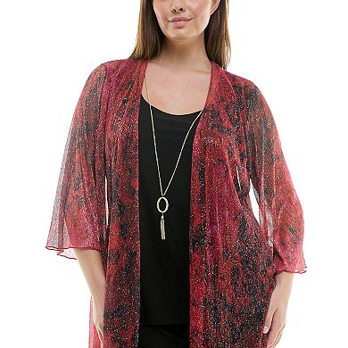 Plus Size Luxology 3-Piece Shimmer Cardigan, Tank Top & Straight Leg Pants Set