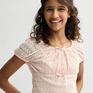 Girls 4-16 IZ Byer Short Sleeve Empire Pointed Front Hem Peasant Top