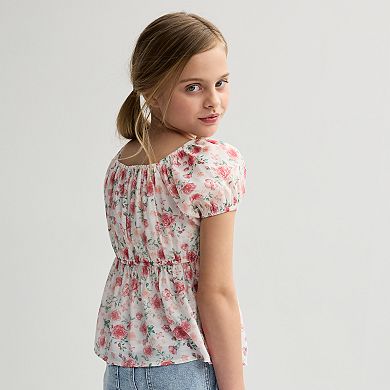 Girls 4-16 IZ Byer Short Sleeve Elastic Waist Peasant Baby Doll Top