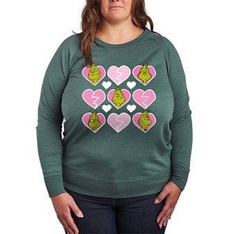 Plus Size Dr. Seuss Grinch Broken Heart Grid French Terry Long Sleeve Tee