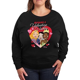 Disney Princess Snow White, Tiana & Rapunzel Plus Size Kisses & Valentine Wishes French Terry Long Sleeve Tee