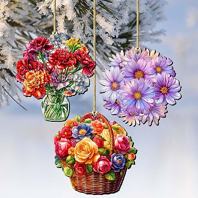 Flowers Wooden Christmas Ornaments Set Of 3 By G. Debrekht