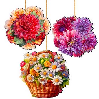 Flower Bouquets Wooden Christmas Ornaments Set Of 3 By G. Debrekht