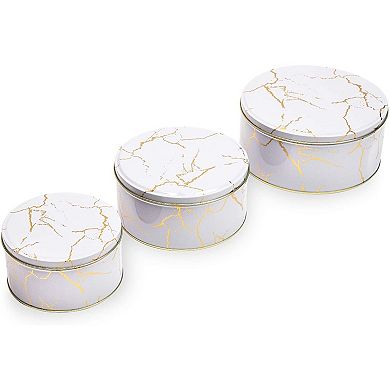 Set Of 3 Marbled Round Nesting Tins With Lids For Cookies, White And Gold