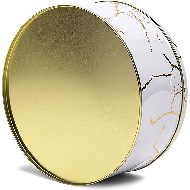 Set Of 3 Marbled Round Nesting Tins With Lids For Cookies, White And Gold