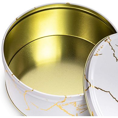 Set Of 3 Marbled Round Nesting Tins With Lids For Cookies, White And Gold