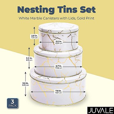 Set Of 3 Marbled Round Nesting Tins With Lids For Cookies, White And Gold