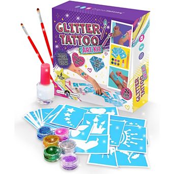 33 pc Glitter Tattoo Set for Kids with 24 Stencil Designs, Holiday Gifts