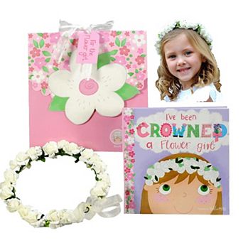 Flower Girl Gift Set, Book With Floral Crown Headband Headpiece In Gift Box