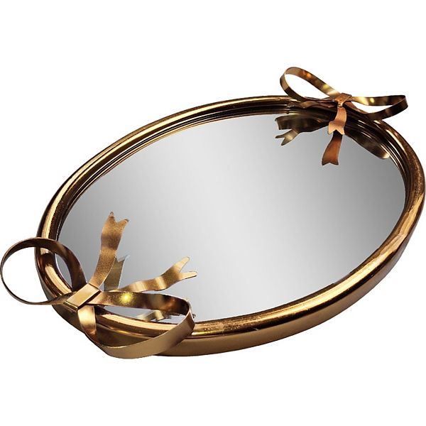 Gold Tone Mirror Bottom Bow Tray Table Decor - Gold