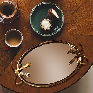 Gold Tone Mirror Bottom Bow Tray Table Decor