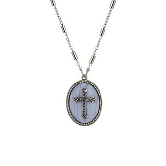 Symbols of Faith Silver Tone Stone With Pewter Cross Necklace