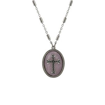 Symbols of Faith Silver Tone Stone With Pewter Cross Necklace