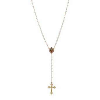 Symbols of Faith 14k Gold Dipped Mary & Child Decal Simulated Pearl Rosary