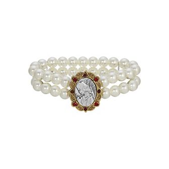 Symbols of Faith Simulated Pearl Bracelet With Red Crystals & Silver Tone Angel