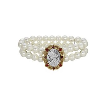 Symbols of Faith Simulated Pearl Bracelet With Red Crystals & Silver Tone Angel