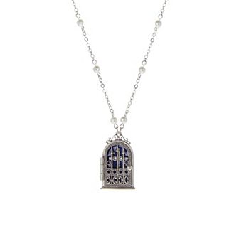 Symbols of Faith Silver Tone Blue Enamel Cross House Locket Simulated Pearl Necklace