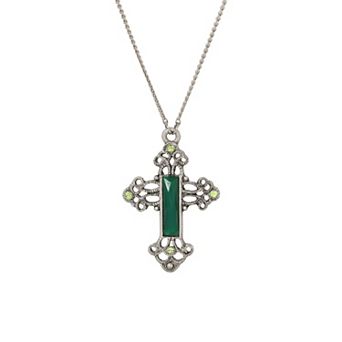 Symbols of Faith Pewter Green Stone Cross Necklace