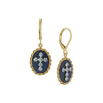 Symbols of Faith 14k Gold Dipped Blue Enamel Blue Crystal Cross Earrings