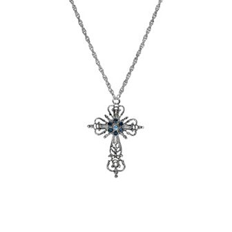 Symbols of Faith Silver Tone Cross With Blue Crystals Necklace