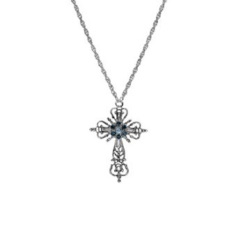 Symbols of Faith Silver Tone Cross With Blue Crystals Necklace