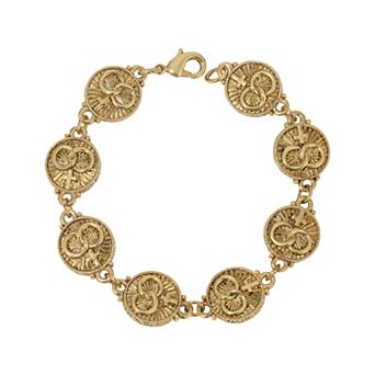 Symbols of Faith Gold Tone Two Rings and Cross Medallion Wedding Bracelet