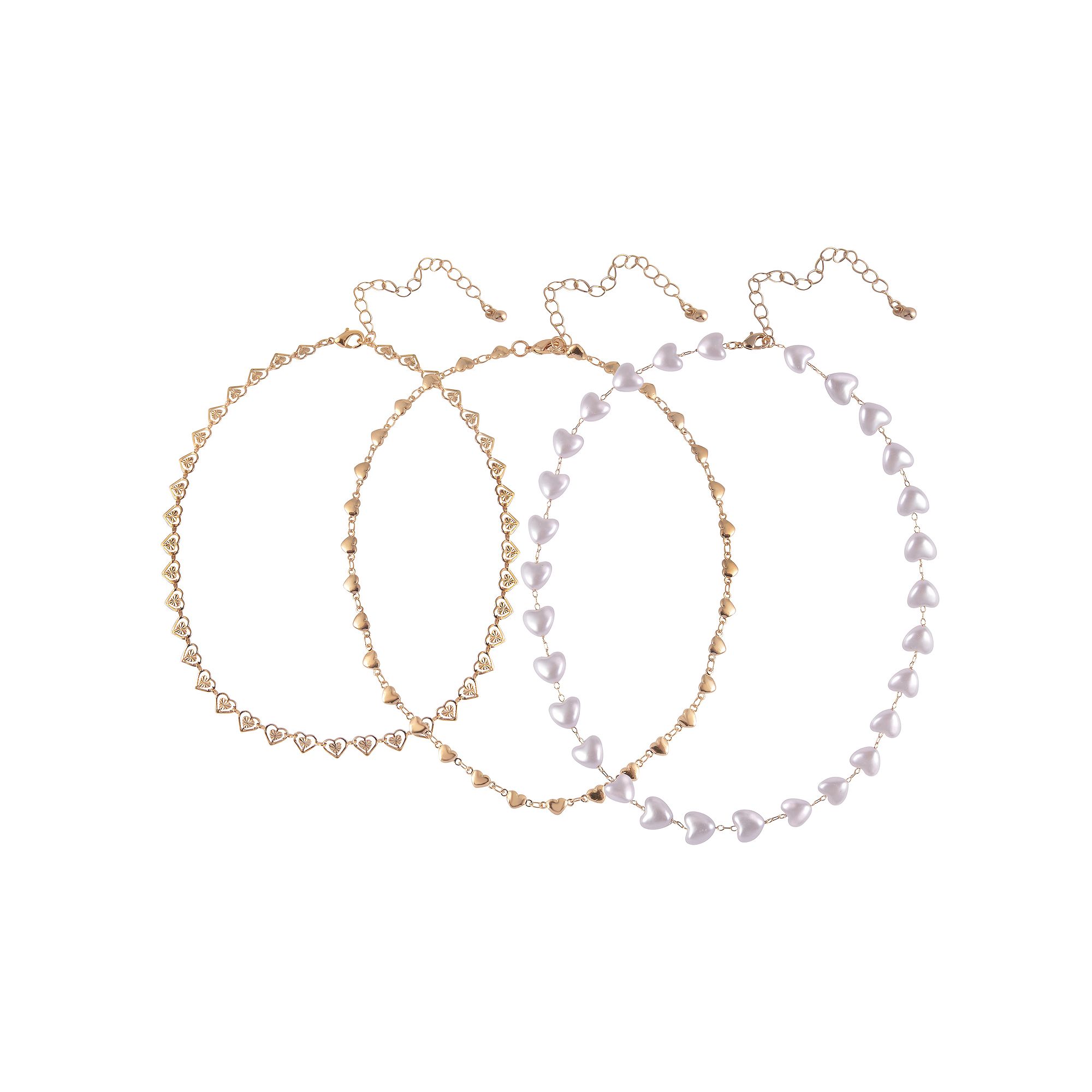 Emberly Gold Tone Heart Three Row Layered Necklace Set, Womens, White