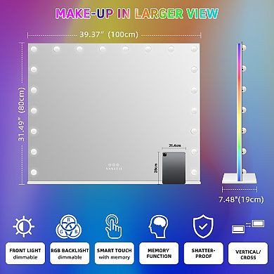 Vanitii Hollywood Mirror With Rgb Lights 20 Led Bulbs Wall Mount White