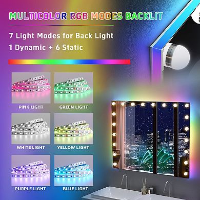 Vanitii Hollywood Mirror With Rgb Lights 20 Led Bulbs Wall Mount White
