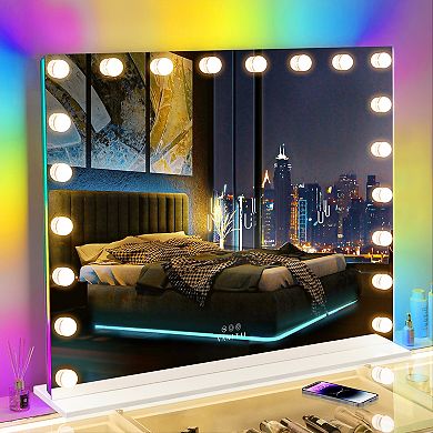 Vanitii Hollywood Mirror With Rgb Lights 20 Led Bulbs Wall Mount White