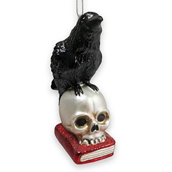Raven on Skull and Book Glass Ornament, Horror Edgar Allan Poe Decoration