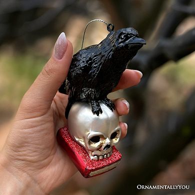 Raven on Skull and Book Glass Ornament, Horror Edgar Allan Poe Decoration